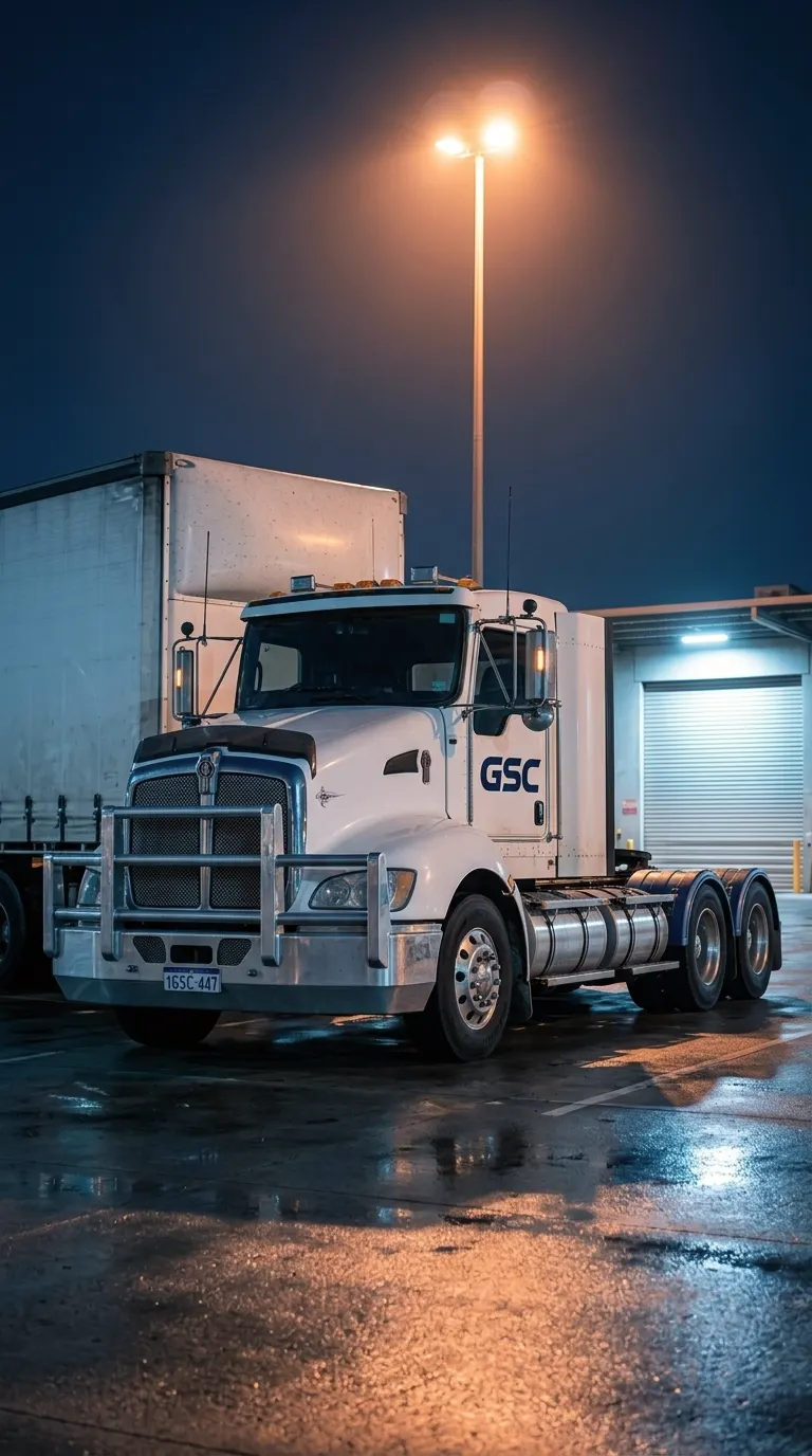 GSC prime mover parked at a depot at night under a street light