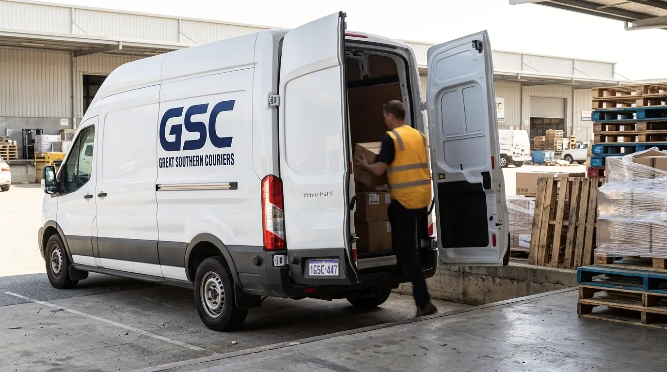 GSC van at an industrial loading yard, a worker in high-visibility clothing carrying a carton