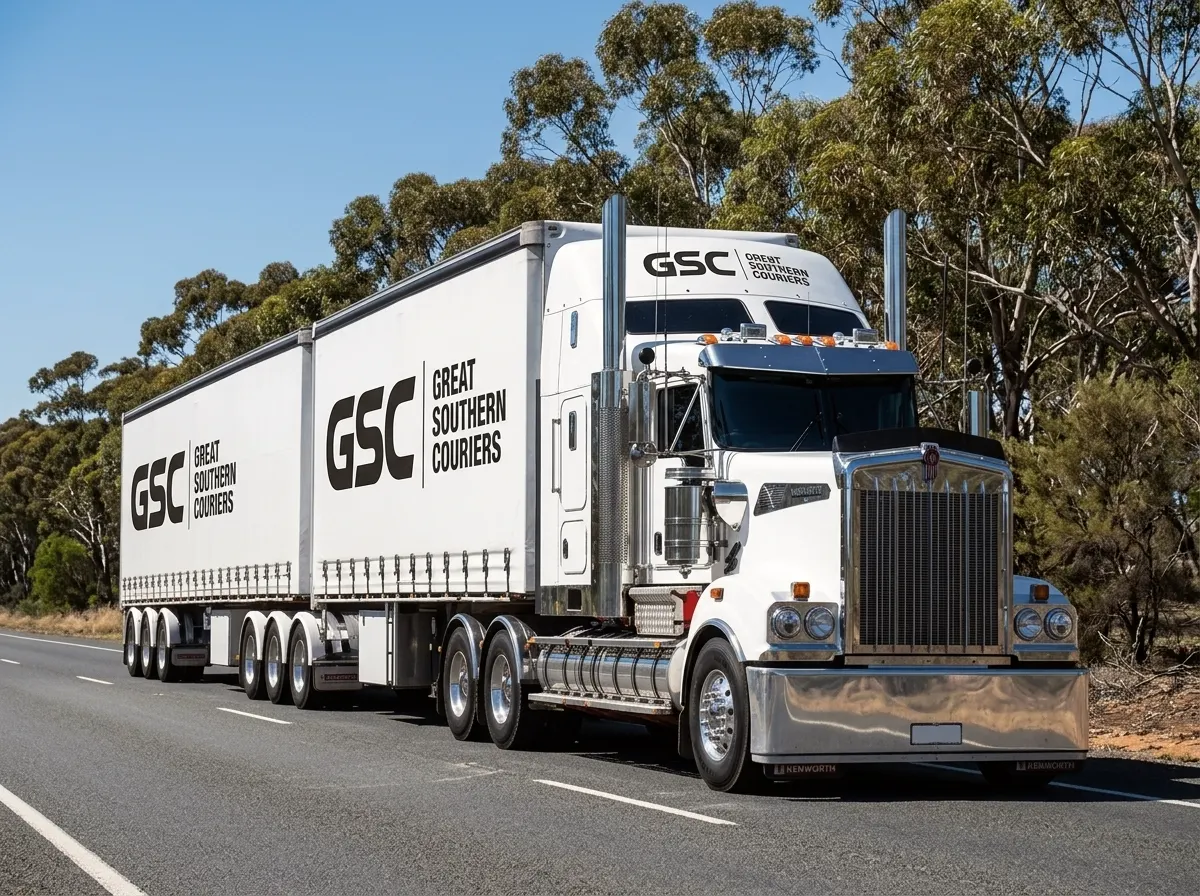 GSC-liveried prime mover pulling a two-trailer road train combination on a rural highway