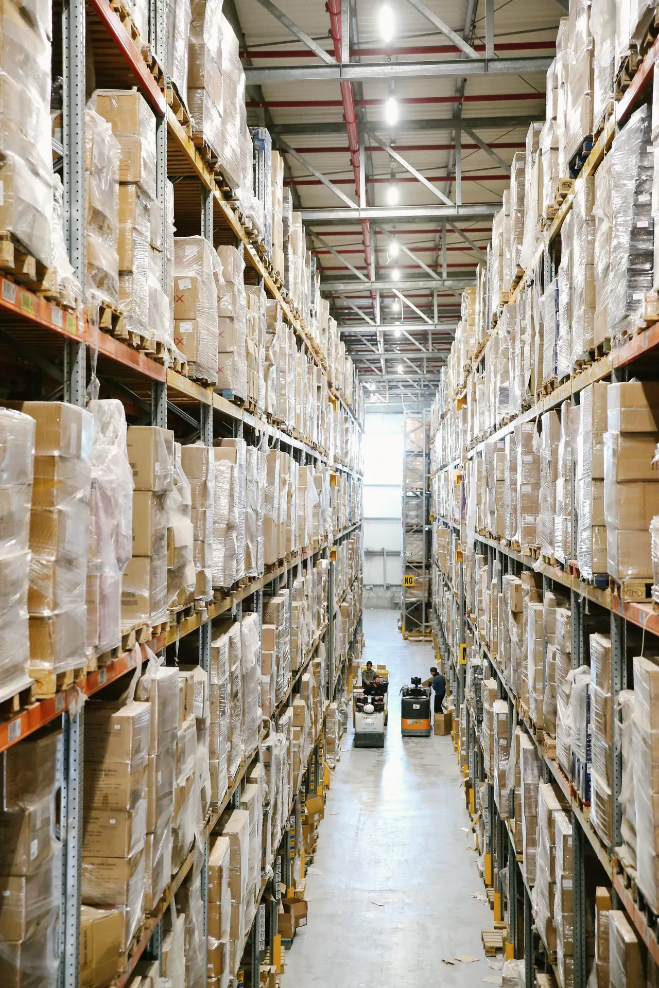 Boxed freight stacked on warehouse shelving